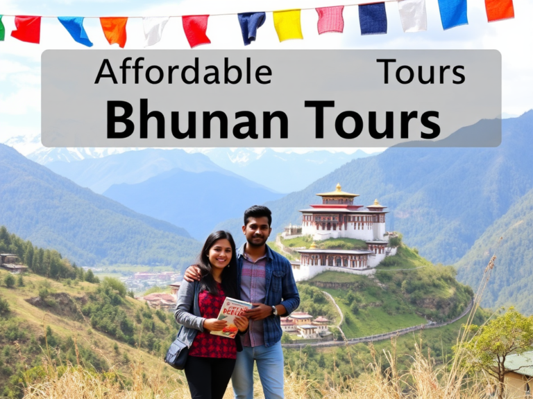 Couple standing in front of Monastery in Bhutan